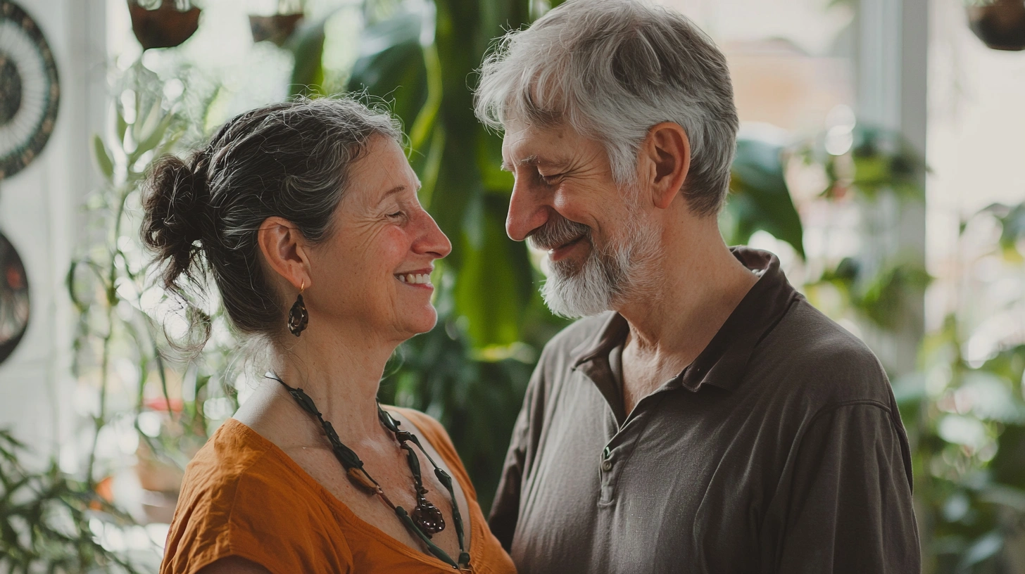 Літня пара практикує парну йогу