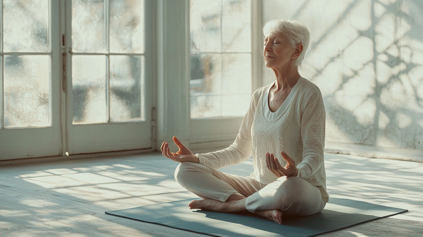 Літня жінка практикує йогу в затишній студії