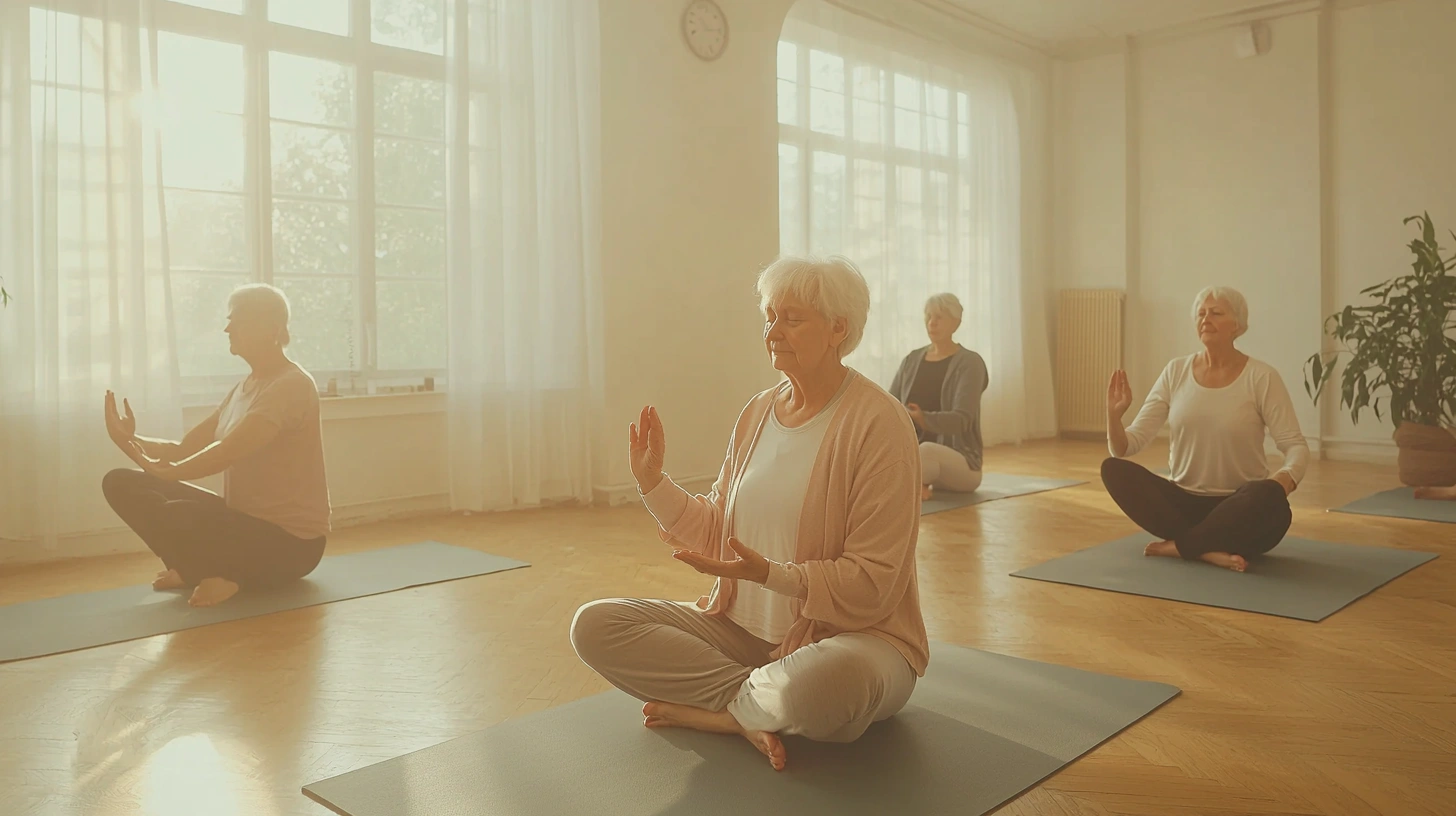 Група людей поважного віку на заняттях з м'якої йоги